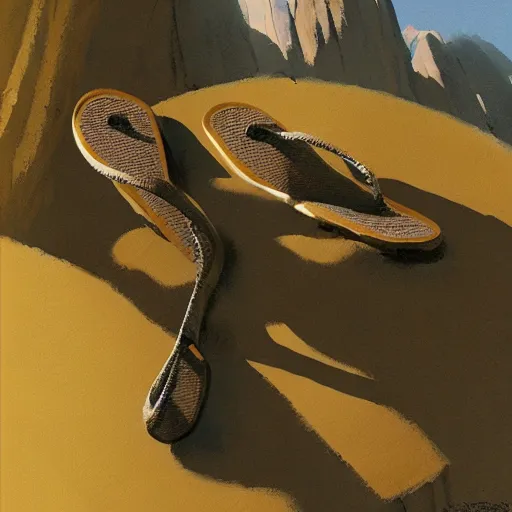 Prompt: a concept art of a well used flip flops for walking in the mountain, by Craig mullins, Steve Purcell, Ralph McQuarrie