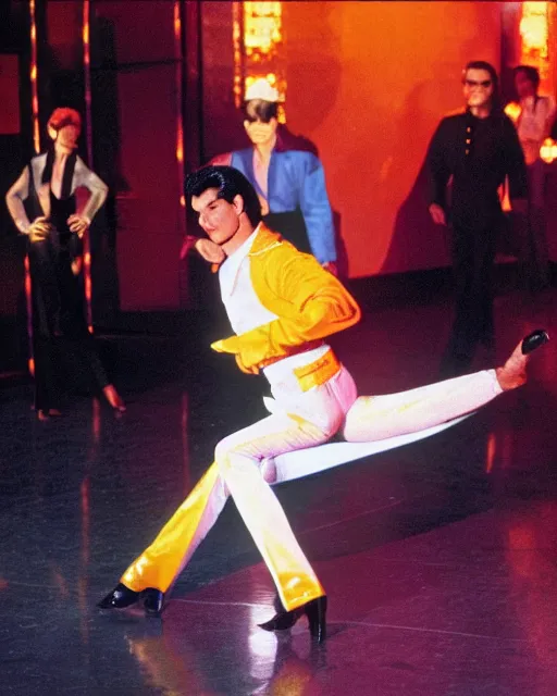 Image similar to leonard nimitz as orange suited tony manero in saturday night fever dancing at a disco with a glowing illuminated multicolored square tile floor