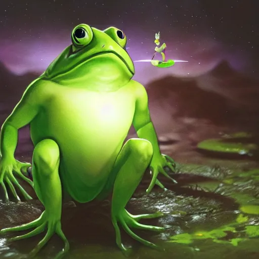 Image similar to a alien with the name god using his powers to bring a frog back to life