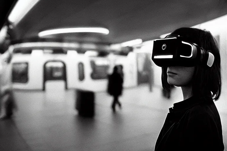 Image similar to girl wearing futuristic augmented reality headset in a subway, richard avedon, tri - x pan, ominous lighting