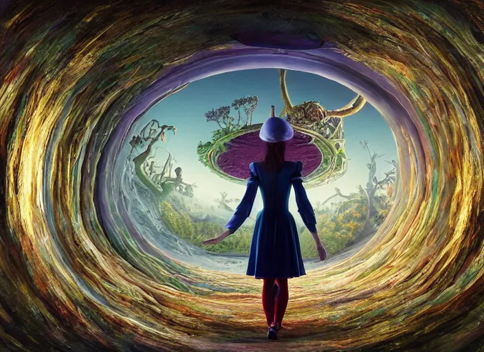 Image similar to vfx surreal 3 d portrait of alice from wonderland walking into a non - euclidean and infinite tunnel of evanescent hallucinatory images, reflections in endless mirrors, giant mushrooms, hyperdetailed, octane render, sharp focus, concept art, intricate by alex grey, greg rutkowski jeff soto and daniel merriam, dan mumford and pixar, octane render