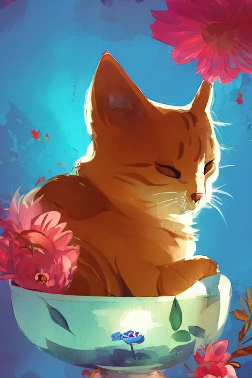 Image similar to a digital art of a cat sleeping in the room with flowers around in the afternoon, the sun shines in, storybook art, watercolor, detailed, cute, by anton fadeev, featured on artstation