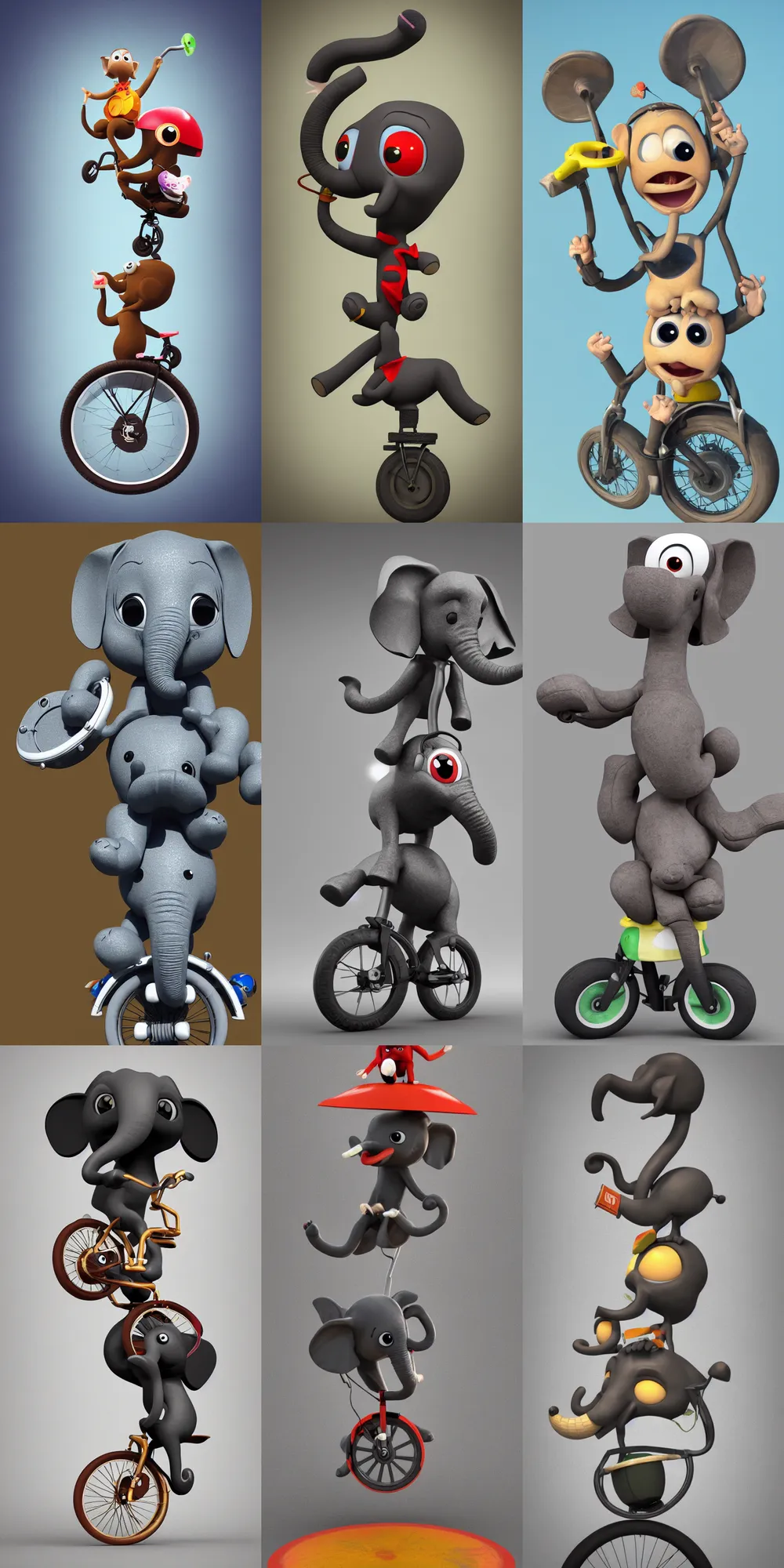 Prompt: an excited cute big eyed elephant riding a unicycle in the style of pixar, digital art, 3 d render