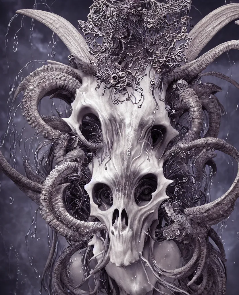 Image similar to close-up macro portrait of the face of a beautiful princess with ram goat satan mask, epic angle and pose, ribcage skeleton symmetrical artwork, 3d with depth of field, blurred background, cybernetic jellyfish female face skull phoenix bird, translucent, nautilus, energy flows of water and fire. a highly detailed epic cinematic concept art CG render. made in Maya, Blender and Photoshop, octane render, excellent composition, cinematic dystopian brutalist atmosphere, dynamic dramatic cinematic lighting, aesthetic, very inspirational, arthouse. y Greg Rutkowski, Ilya Kuvshinov, WLOP, Stanley Artgerm Lau, Ruan Jia and Fenghua Zhong