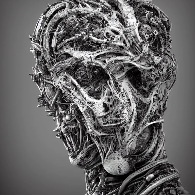 Image similar to surreal biomechanical spinal ribbed tribal exotic organic man face portrait of mechanical cyborg, beautiful detailed intricate insanely detailed BW 3D render digital art, octane render, 8K artistic photography, photorealistic