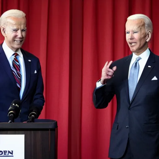 Image similar to photograph of a an alien wearing a blond wig and a red dress and Joe Biden at a press conference