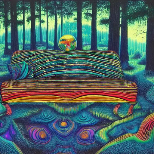 Image similar to psychedelic couch sofa in the pine forest, goose, milky way, designed by moebius, rob gonsalves, gustav dore, giuseppe arcimboldo and carl barks, louis wain, trending on artstation, canada, star, sharp focus, colorful refracted sparkles and lines, soft light, 8 k 4 k