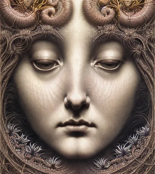 Image similar to detailed realistic beautiful lily goddess face portrait by jean delville, gustave dore, iris van herpen and marco mazzoni, art forms of nature by ernst haeckel, art nouveau, symbolist, visionary, gothic, neo - gothic, pre - raphaelite, fractal lace, intricate alien botanicals, ai biodiversity, surreality, hyperdetailed ultrasharp octane render