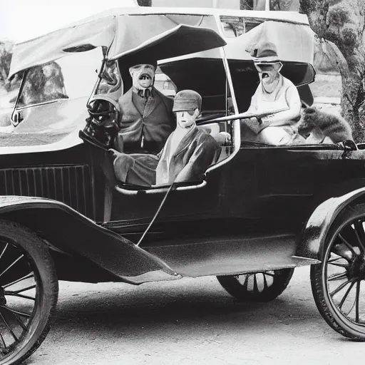 Image similar to a quokka driving a model t ford, black and white photograph