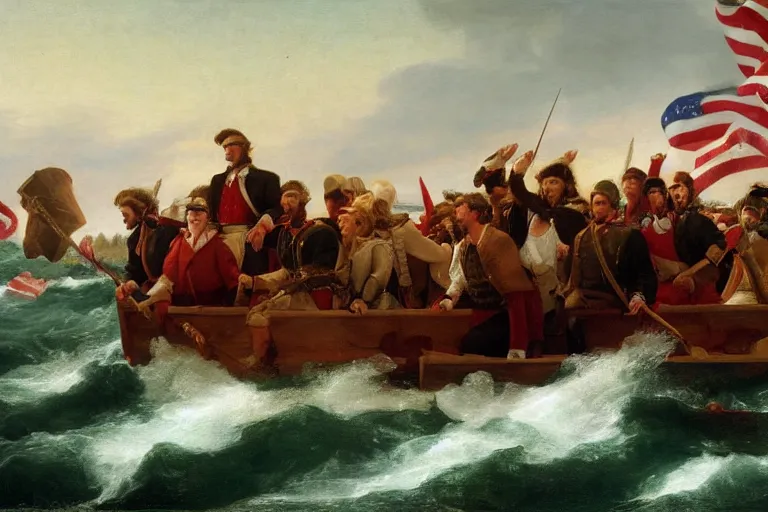 Image similar to Donald Trump crossing the delaware there is an arbys sign in the background by Emanuel Leutze