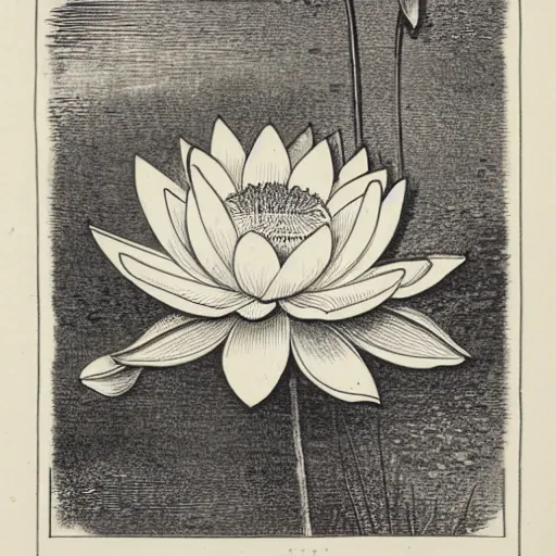 Image similar to illustration of lotus flower, etching by louis le breton, 1 8 6 9, 1 2 0 0 dpi scan