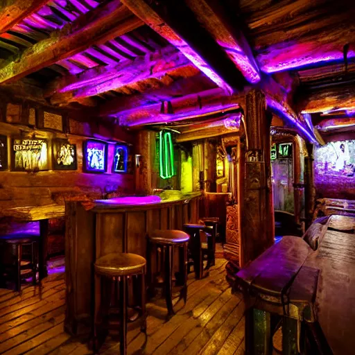 Prompt: a bar with medieval style interior, but covered in neon lights everywhere. walls are covered with arms and coats of teuntonic order, everything shines with rgb lights. ancient cabin with cyberpunk features. walls have medieval european weapons, relics flashing with purple light, hardwood tables in style of old 1 4 th century tavern. teutonic flags eveywhere.