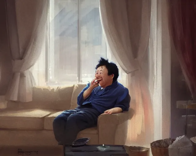 Image similar to a 50 year old brunnete happy chinese man with puffy cheeks sitting on a couch at home and talking on the phone with a worried face, anime art, Greg Rutkowski, studio ghibli, dramatic lighting