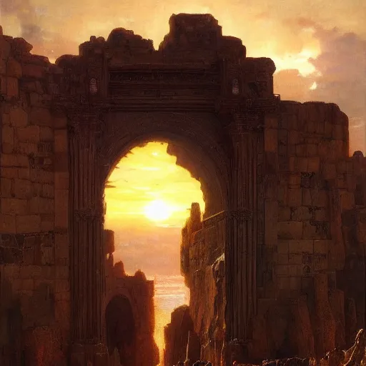 Prompt: colossal gate made of dark stone with sunset showing through high walls, epic scale, oil painting by gerome, mucha, artstation, 4 k