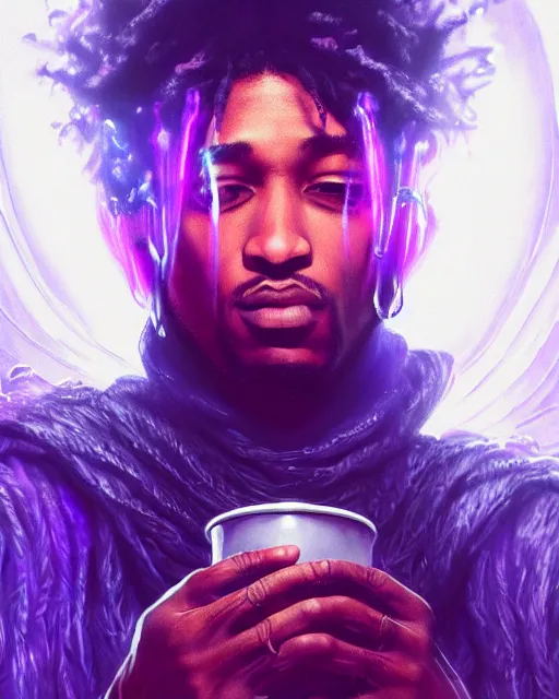 Image similar to future the rapper holding cup of codeine, purple liquid in cup glowing, fantasy, dramatic, intricate, elegant, highly detailed, digital painting, artstation, concept art, smooth, sharp focus, illustration, art by Gustave Dore, octane render