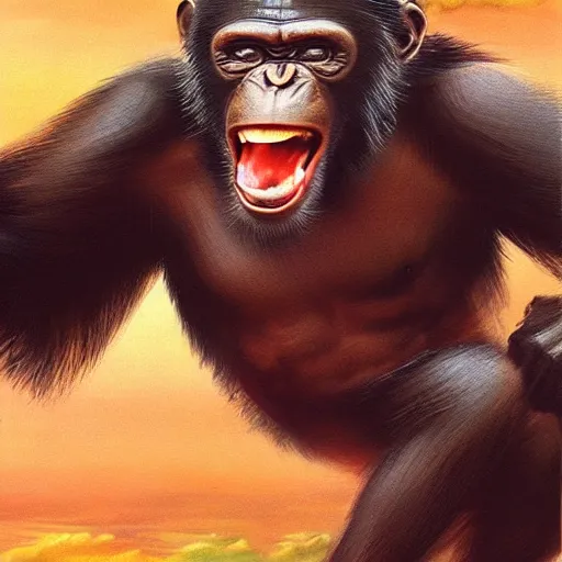 Image similar to Strong Angry Chimpanzee Screaming, Boris Vallejo, Epic, 8k resolution, ArtStation, Hyperrealistic