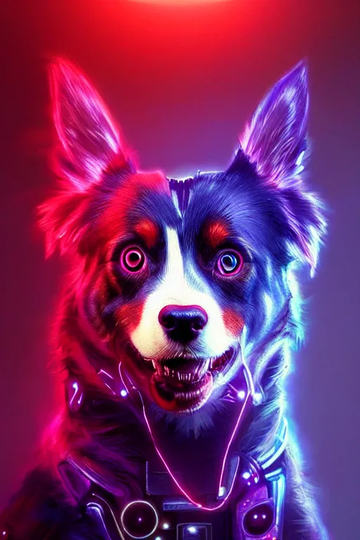 Image similar to a beautiful portrait of a cute cyberpunk red tri australian shepard by greg rutkowski and wlop and sandra chevrier, purple blue color scheme, high key lighting, volumetric light, digital art, highly detailed, fine detail, intricate, ornate, complex, octane render, unreal engine, photorealistic