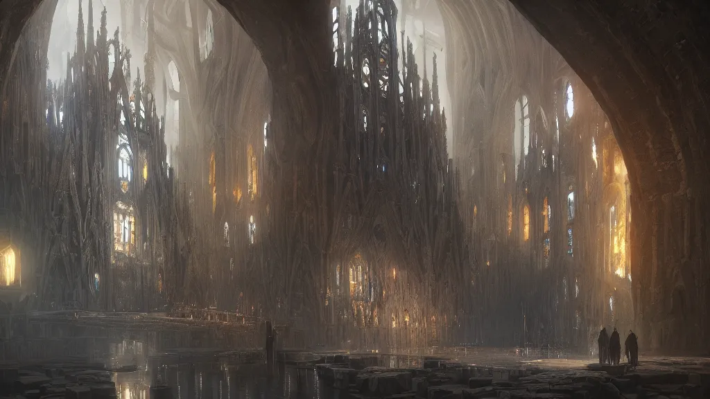 Prompt: an obsidian Sagrada Família cathedral with a giant obsidian door, in the elemental plane of water, Dungeon and Dragon illustration, painted by Greg Rutkowski, 4k, trending on ArtStation