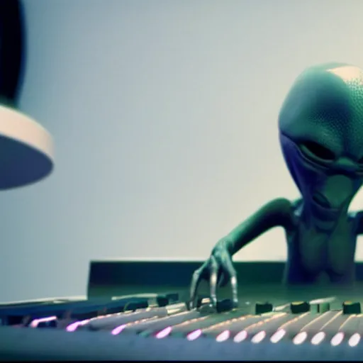 Image similar to cinematic film still of Pharrell Williams Making A Beat with an anthropomorphic alien, Japanese VFX, 2018, 400mm lens, f1.8, shallow depth of field,film photography