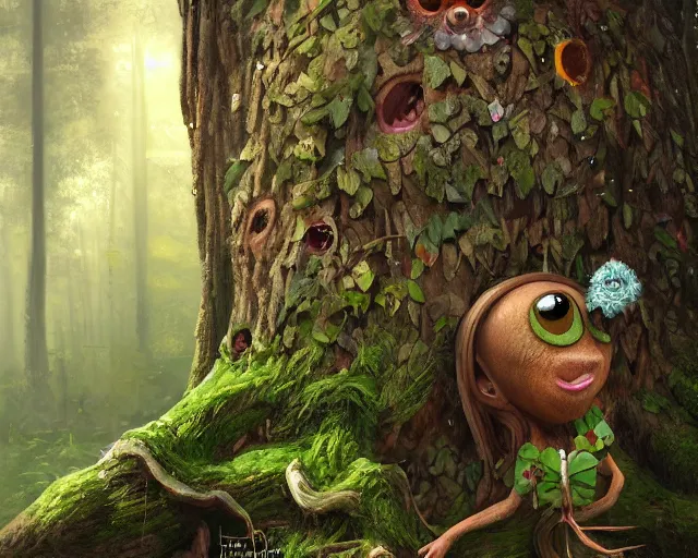 Image similar to a talking tree, a smiling face in the bark, bushy moustache, big eyes, nose, fantasy concept art, oil painting, hyperrealistic, highly detailed, artstation, cgsociety, in the forest