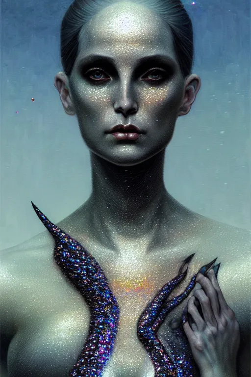 Prompt: pearlescent black lilith! the mother of all monsters!!, covered in iridescent glitter!!, raining ash, fine art masterpiece, highly detailed artstation dino valls wayne barlowe machiej kuciara, dramatic lighting, long shot, side angle, uhd 8 k, sharp focus