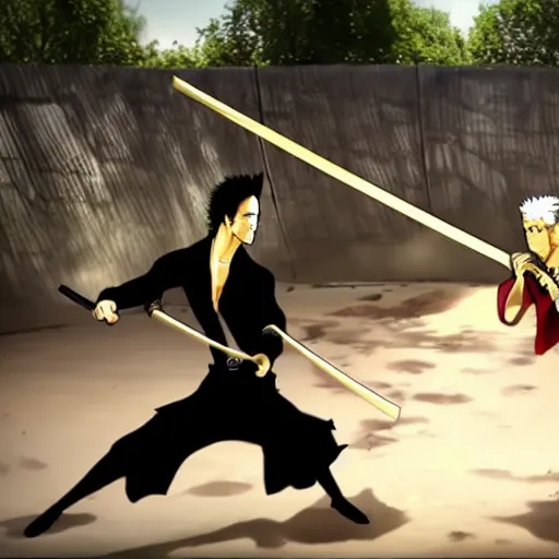 Image similar to real-life zoro vs. mihawk, a still of a fight film