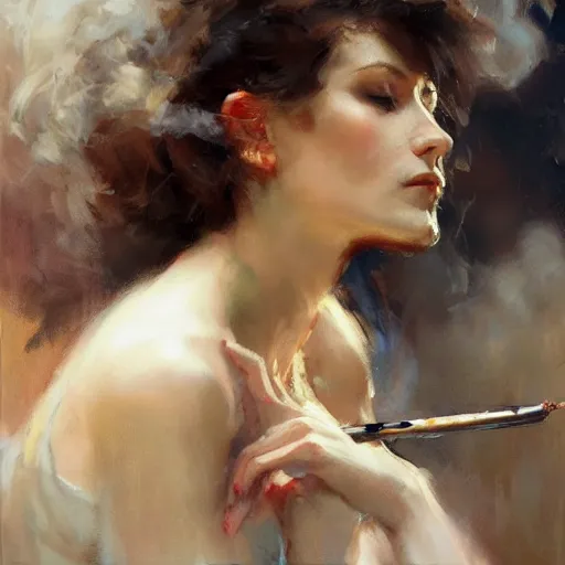 Prompt: close up of woman turning to smoke, cinematographic shot, by daniel f. gerhartz