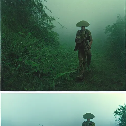 Image similar to film still, far view, emma watson soldier hiking through dense vietnam jungle, dense cloud fog, film still from apocalypse now ( 1 9 7 9 ), 2 6 mm, kodak ektachrome, blue tint expired film,