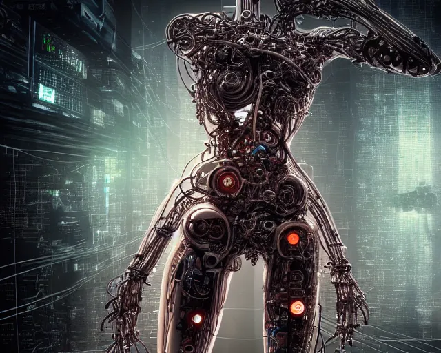 Prompt: photo of a biomechanical torso of a cyborg plugged into a quantum computer with cables and wires. cyberpunk horror style. art by luis royo. highly detailed 8 k. intricate. nikon d 8 5 0 5 5 mm. award winning photography.