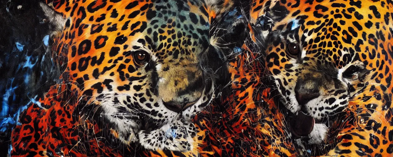 Image similar to the painting of a shaman turning into a jaguar 4 k render