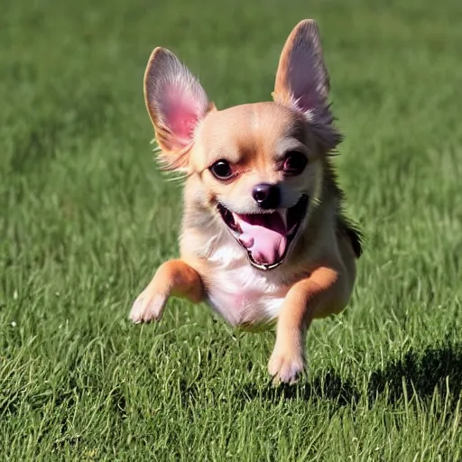 Image similar to my dream puppy: an extremely adorable chihuahua! she is so playful and happy. In this photograph, she is pictured prancing through a field on a bright, sunny summer afternoon. Her mouth is open and her tongue is out. She barks playfully as we play fetch in the field.