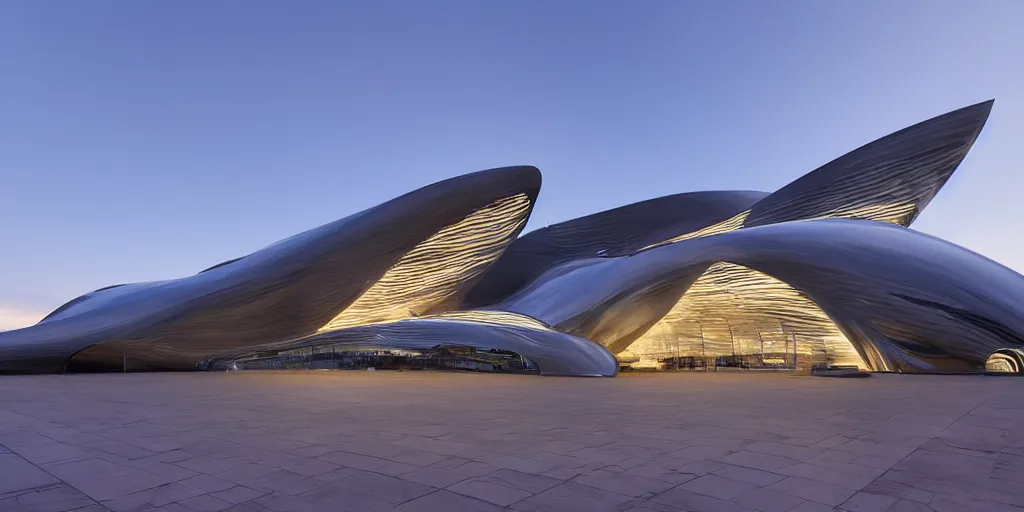 Prompt: extremely elegant smooth detailed stunning sophisticated beautiful elegant futuristic museum exterior by Zaha Hadid, smooth curvilinear design, stunning volumetric light, stainless steal, concrete, translucent material, beautiful sunset, tail lights