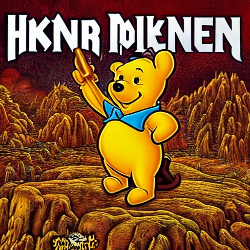 Image similar to winnie the poo on iron maiden album cover, 8 k resolution hyperdetailed photorealism