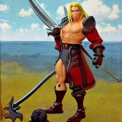 Prompt: portrait Sephiroth wearing a shrek the ogre costume head eyes with yoked burly physique stands atop a skyscraper norman rockwell brad rigney winslow homer greg rutkowski stop-motion dreamworks pixar kingdom hearts