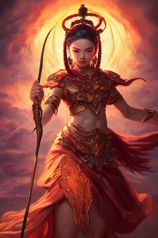 Image similar to a masterpiece portrait of nezha, legendary god holding spear, man, flame everywhere, epic pose, fantasy character portrait, closeup shot, hyper detailed, digital painting, 8 k realistic, trending on artstation, sharp focus, dof, by fenghua zhong, artgerm, ne zha from smite, jeff easley, raymond swanland