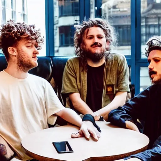 Image similar to geordie greep fro mthe band black midi having a business meeting with mario, hyperrealistic