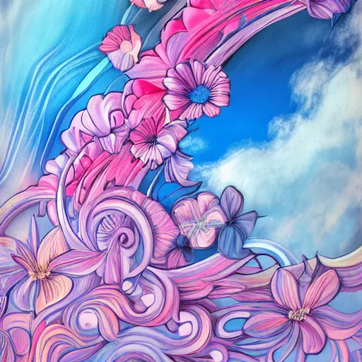 Image similar to a swirl of pastel color with large painting strokes with flowers flying through a blue and pink sky 3 d art abstract, art nouveau 3 d, baroque, expressionism, illustration, lowbrow, manga, pop