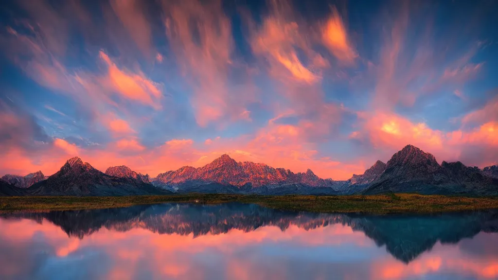 Image similar to amazing landscape photo of mountains with lake in sunset by marc adamus, beautiful dramatic lighting