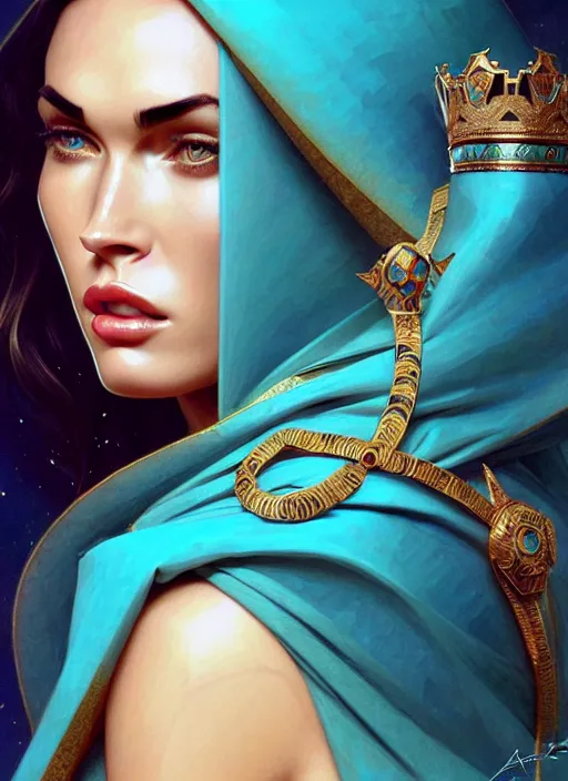 Image similar to portrait of megan fox as a queen, throne, jewelry, greek, turquoise, intricate, headshot, highly detailed, digital painting, artstation, concept art, sharp focus, cinematic lighting, illustration, art by artgerm and greg rutkowski, alphonse mucha, cgsociety