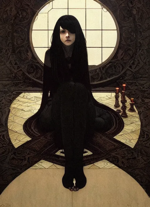 Image similar to a lonely young girl with straight long black hair wearing black dress that sitting on bathroom floor, art by artgem, greg rutkowski and alphonse mucha