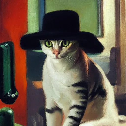 Image similar to a futuristic robotic cat wearing a hat, a highly detailed edward hopper painting, by adrian ghenie and gerhard richter. art by sorolla. masterpiece, flat surreal design with deep colours. 8 k. artstation