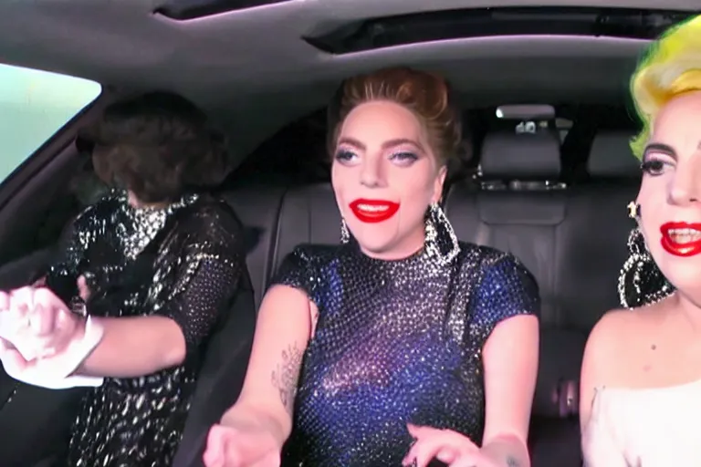 Image similar to lady gaga and judy garland doing carpool karaoke, lady gaga and judy garland, carpool karaoke, lady gaga, judy garland, carpool karaoke, youtube video screenshot, the late late show with james corden, higly realistic, high resolution, dashcam