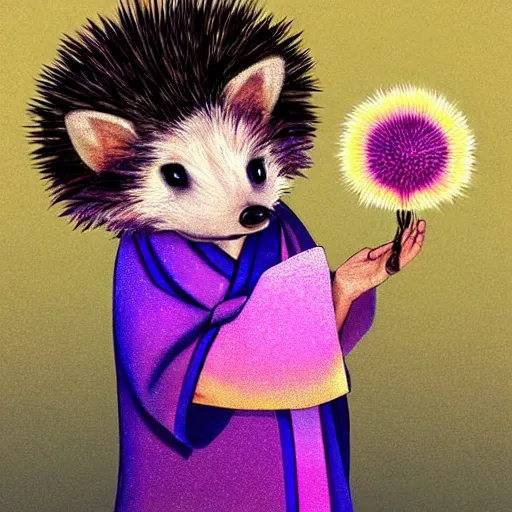 Image similar to adorable hedgehog in a kimono, holding a purple dandelion, art, digital art