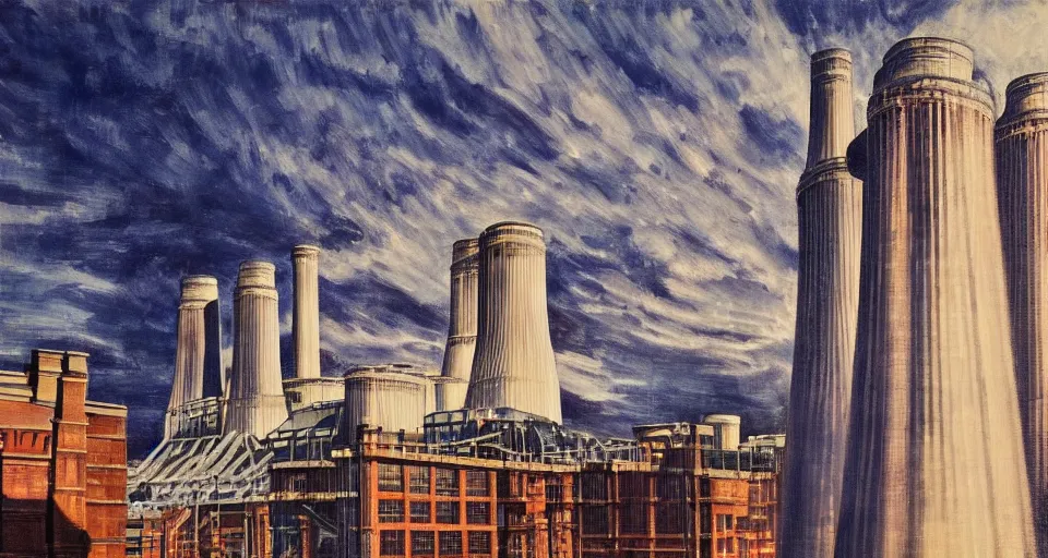 Image similar to battersea power station, highly detailed, dramatic lighting, intense shadows, rich deep colours, by roy lichtenstein