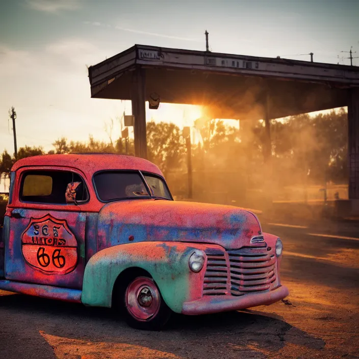 Image similar to a sunset light landscape with historical route 6 6, lots of sparkling details and sun ray ’ s, blinding backlight, smoke, volumetric lighting, colorful, octane, 3 5 mm, abandoned gas station, old rusty pickup - truck, beautiful epic colored reflections, very colorful heavenly, softlight