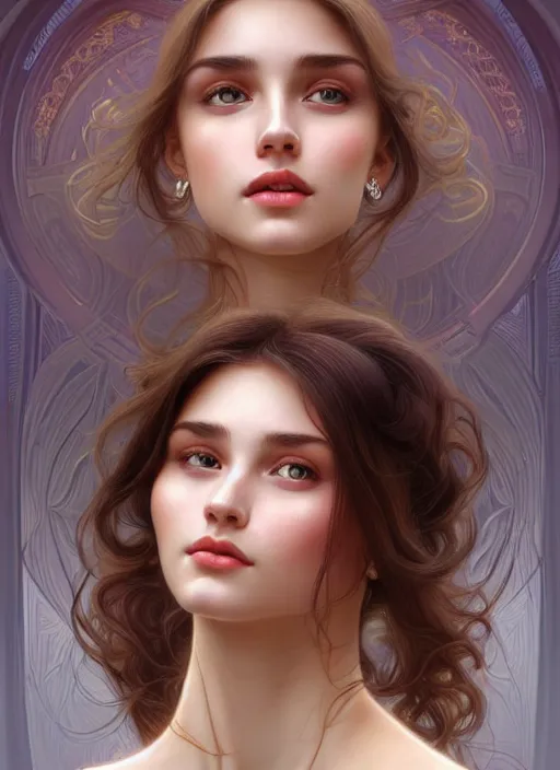 Image similar to beautiful ukrainian feminine face! portrait of young woman blessed by god with ever - increasing physical and mental perfection, beautiful hair, symmetrical! intricate, elegant, highly detailed, vision of holy perfection!! smile, digital painting, artstation, concept art, smooth, sharp focus, illustration, art by artgerm and greg rutkowski and alphonse mucha