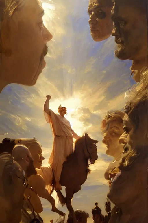 Prompt: beautiful expressive oil painting portrait of ancient roman god emperor steve buscemi ascending wearing the civic crown levitating in religious pose, art by anders zorn, wonderful masterpiece by greg rutkowski, beautiful cinematic light, american romanticism by greg manchess, jessica rossier