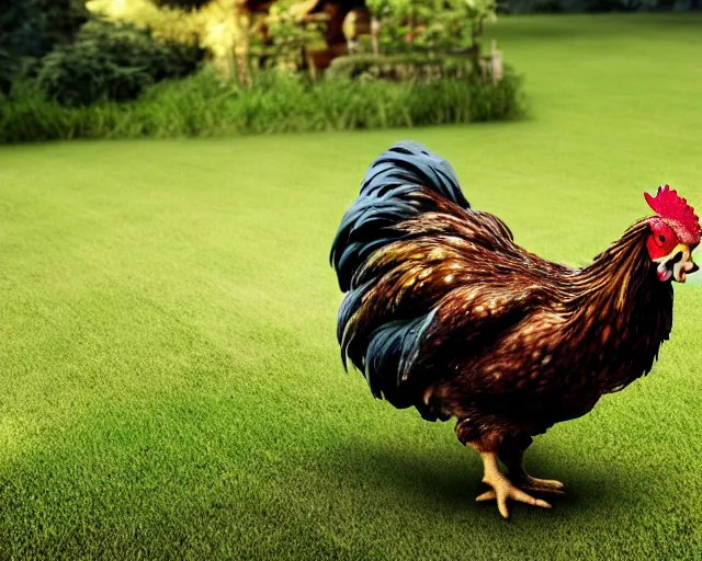 Image similar to ( ( ( peter dinklage riding a chicken ) ) ) ( ( in a green english britanic garden ) ) ( photorealistic, photography, picture, provided by unreal engine, realistic, realism )