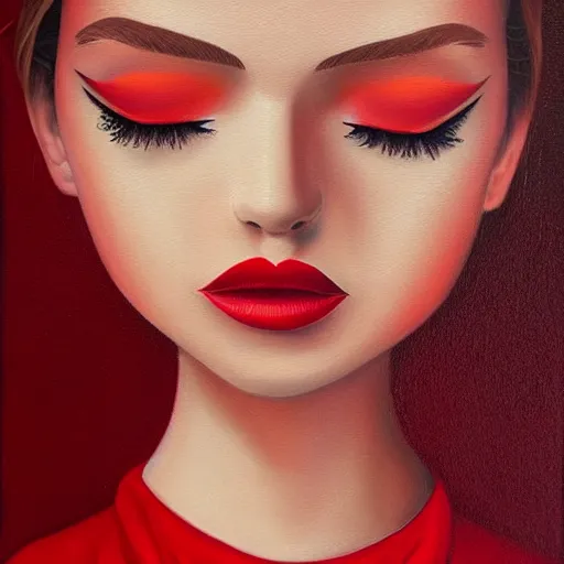 Image similar to a painting of a beautiful woman!!! wearing red, an ultrafine detailed painting by rafal olbinski, behance contest winner, pop surrealism, detailed painting, very detailed, minimalist, airbrush art