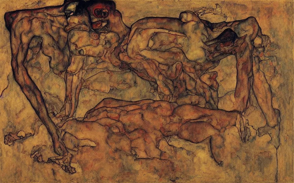 Prompt: a painting by egon schiele with influence of zdzisław beksinski, alfred kubin, oskar kokoschka, and egon schiele